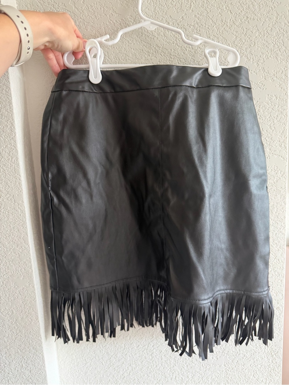 Black Faux Leather Midi Skirt with Fringe Hem